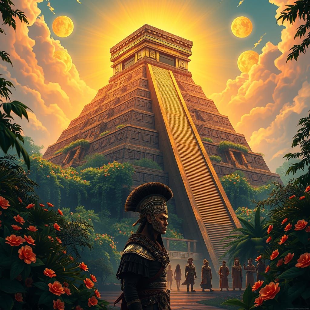 Mystical Aztec Pyramid Rises from Jungle in Vibrant, Futuris...