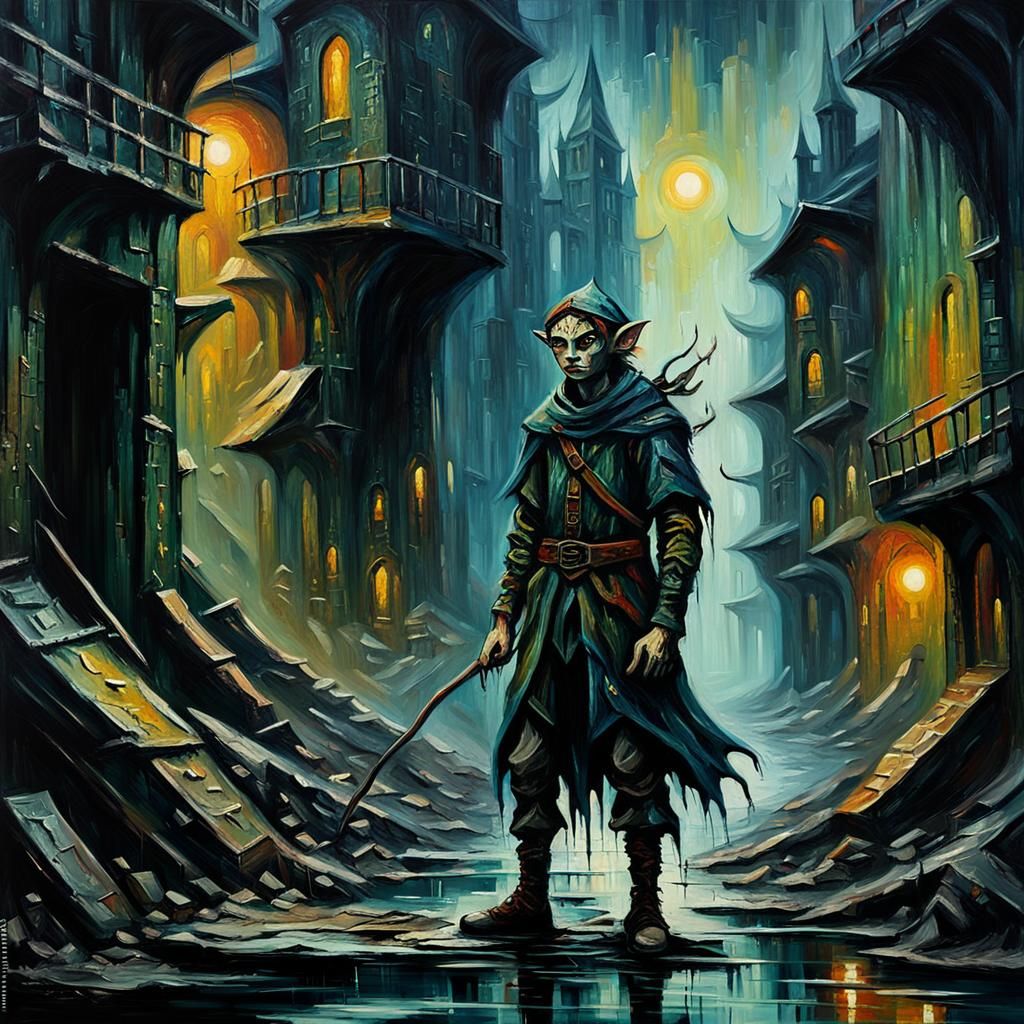 Fairy Elf in Dystopian Cityscape: Dark Expressionist Paintin...
