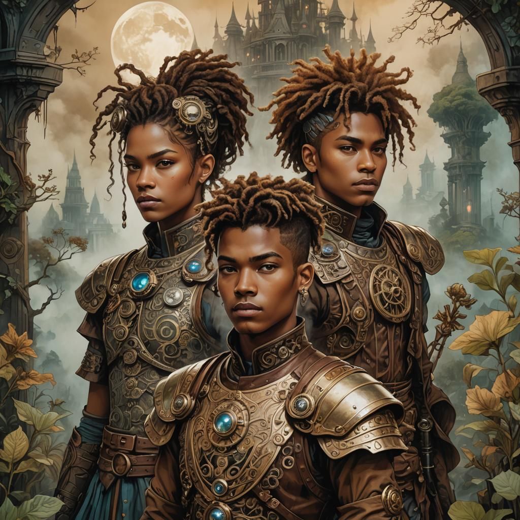 Steampunk Warriors in Moonlit Garden: Fantasy Portrait