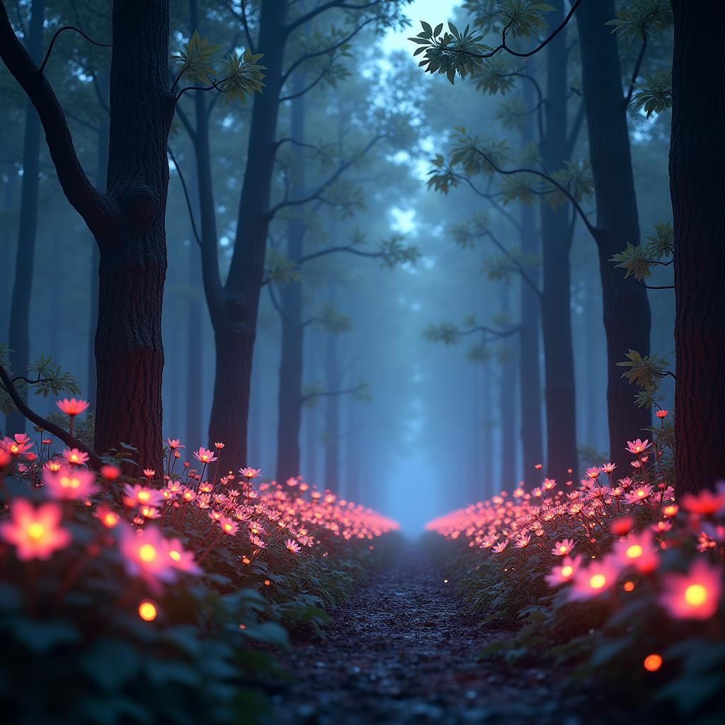 Glowing Flowers in Thriving Forest: Fantasy Concept Art
