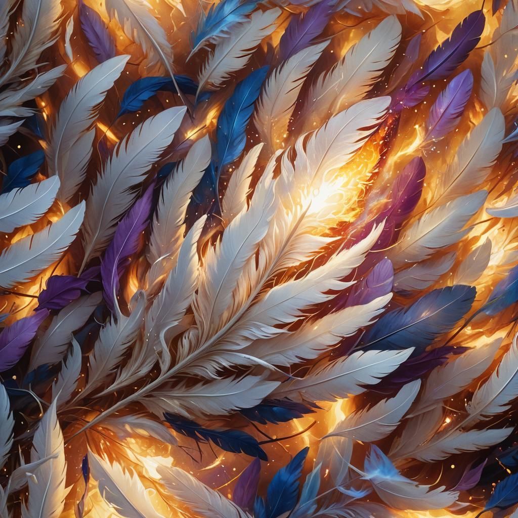 Feather Flies Through Sun Corona: Ethereal Oil Painting