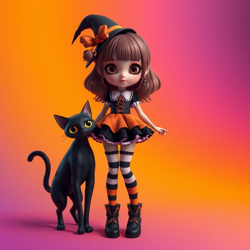 Cute Halloween Girl and Cat Illustration