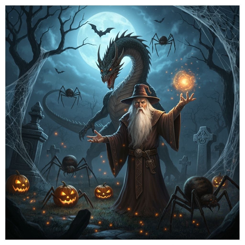 Wizard Controls Dragon and Spiders in Spooky Graveyard