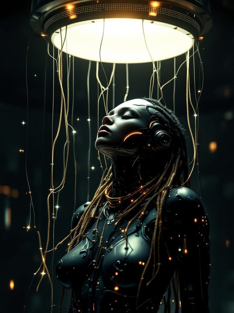 Futuristic Ceiling Energy Generator with Cyberpunk Alien