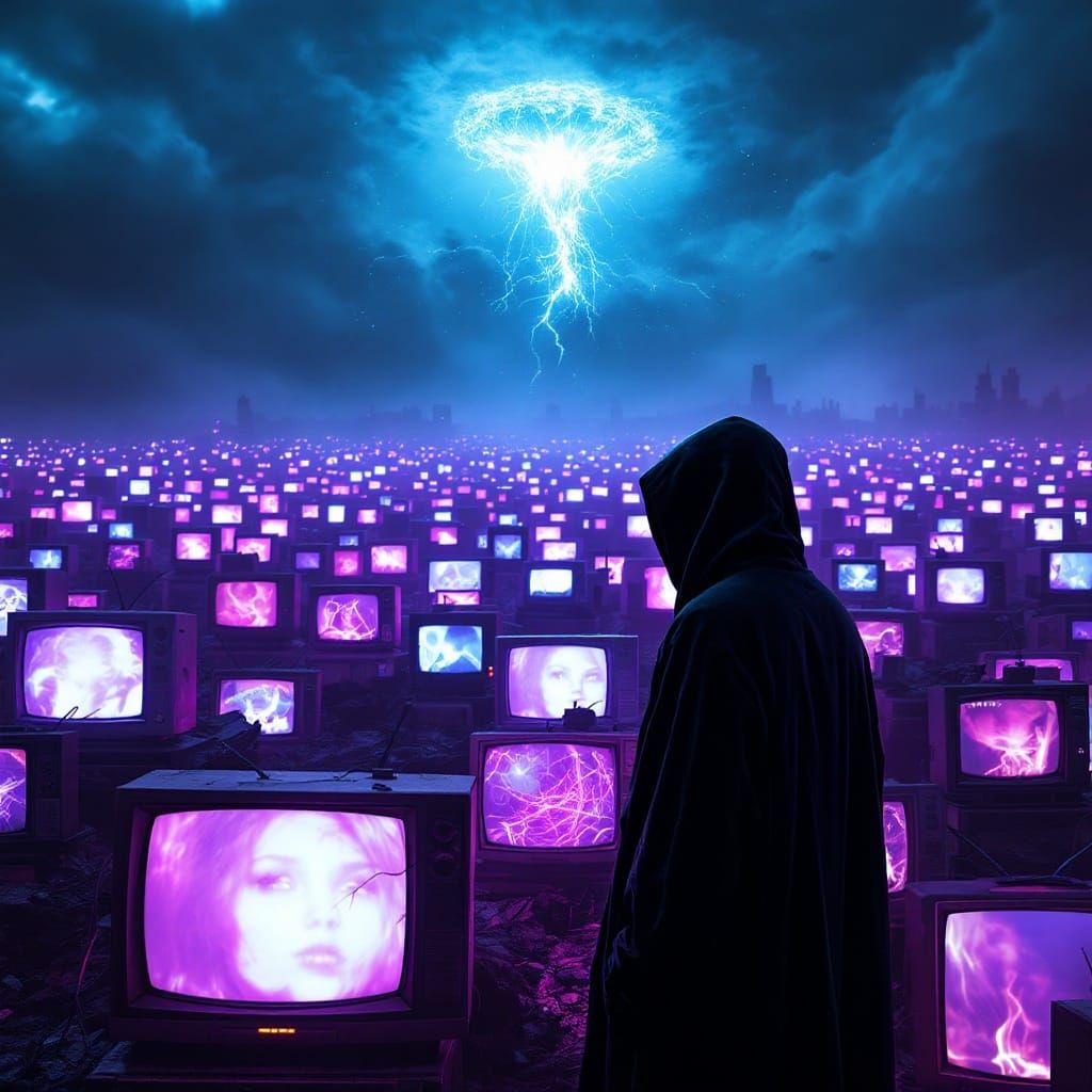 Shrouded Figure Entranced by Neon Dreamscape