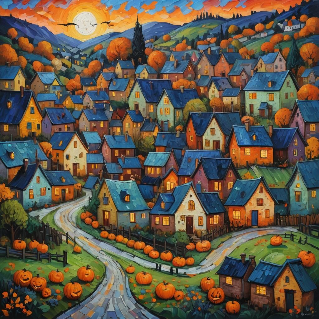 Halloween Village in Expressionist Oil Painting Style
