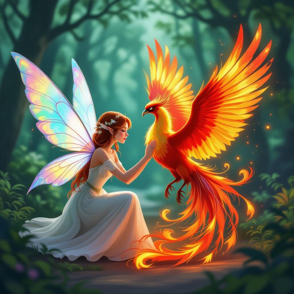 Fairy Tends Fiery Phoenix in Mystical Forest