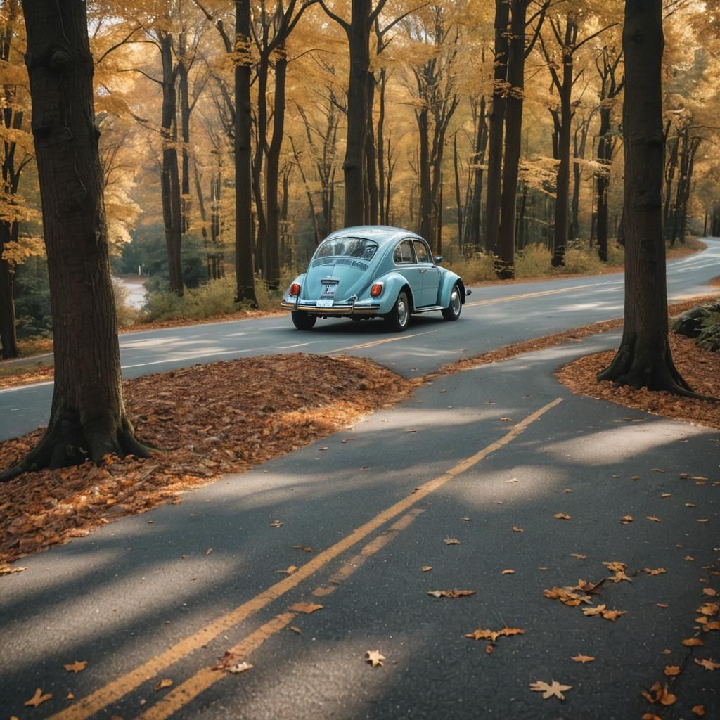 Classic Light Blue Beetle on Autumn Road