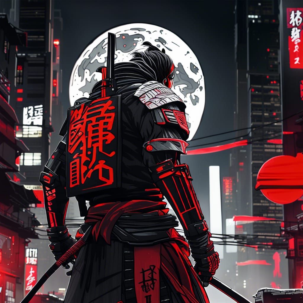 Cybernetic Samurai Warrior in Dystopian City
