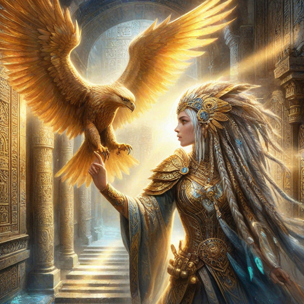 Ancient Warrior Queen soars on eagle in temple with glowing...