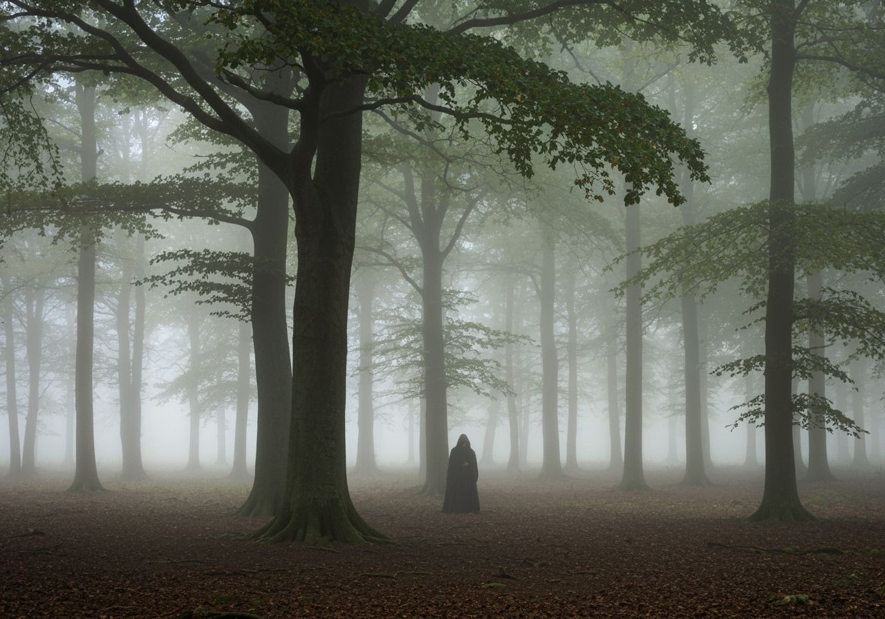 Mysterious Hooded Figure in Misty Medieval Forest