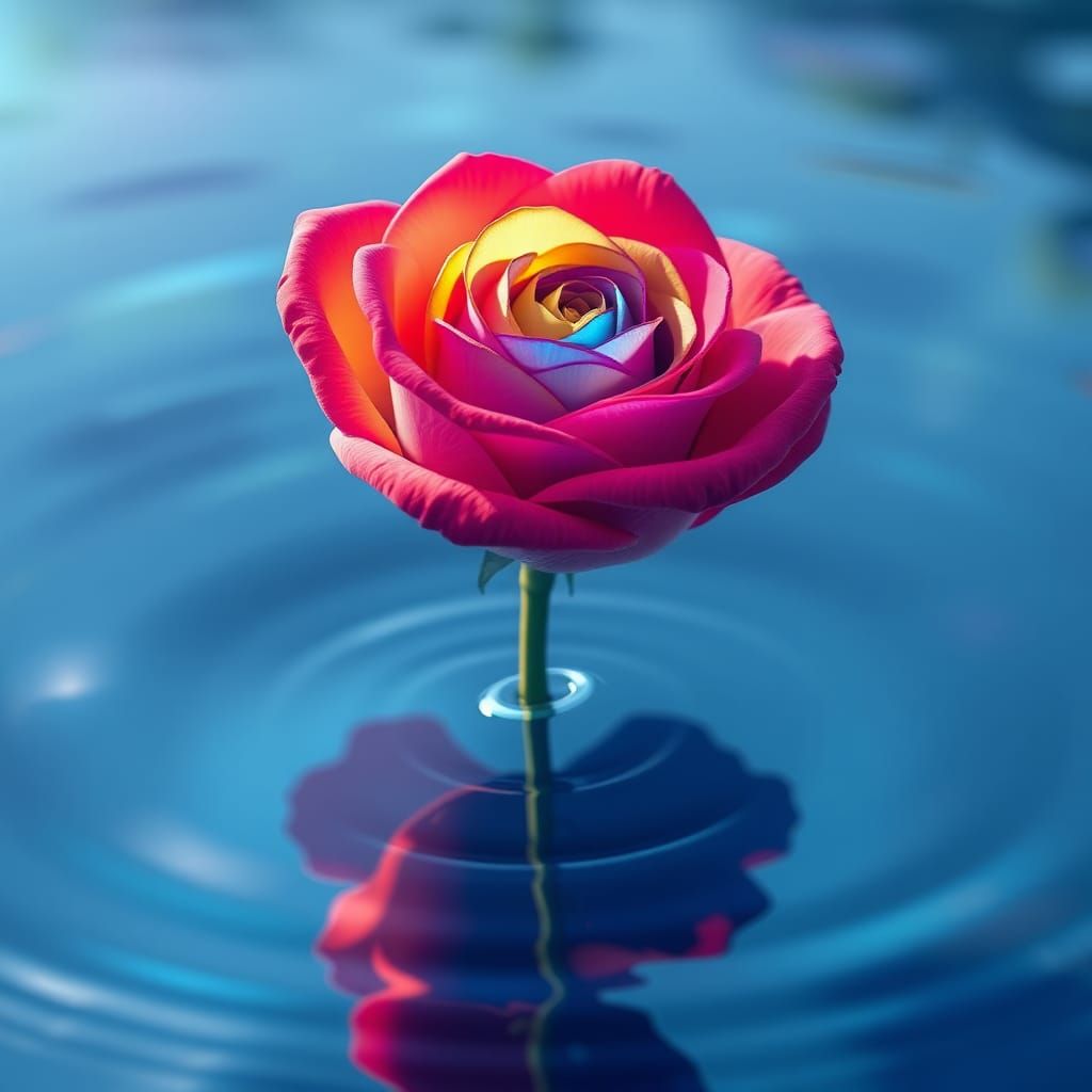 Rainbow Rose Floating on Water: Anime-Inspired 3D Art