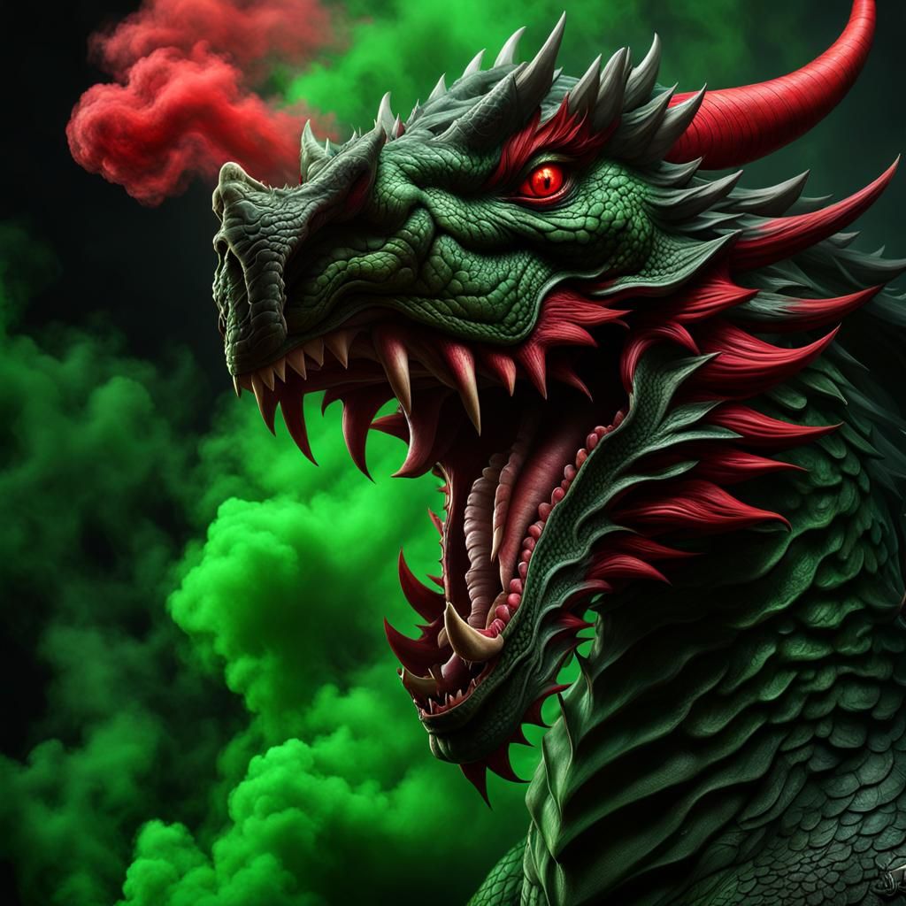 Muscular Dragon in Smoke with Santa Hat