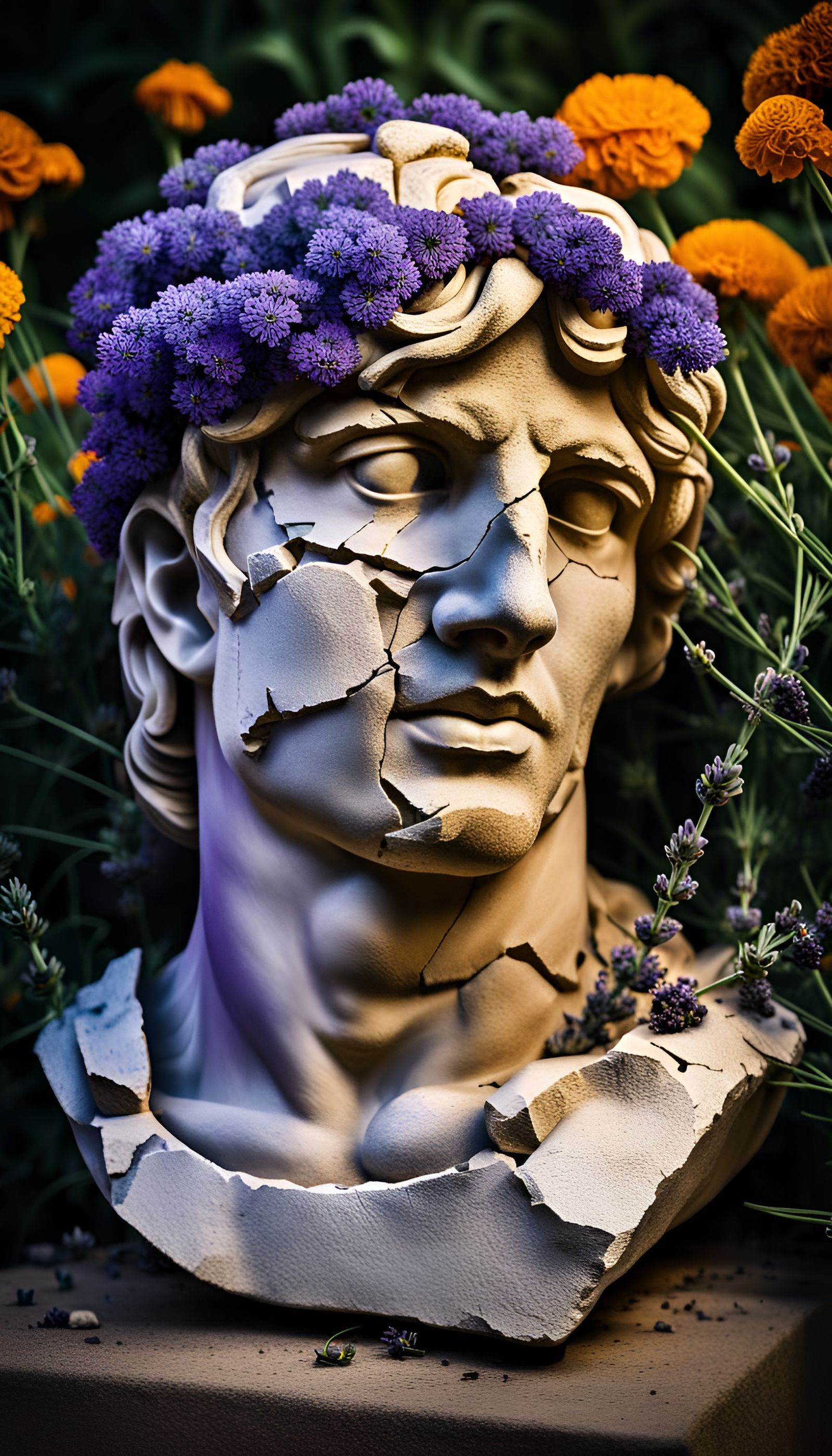 Alexander the Great Statue with Floral Growth