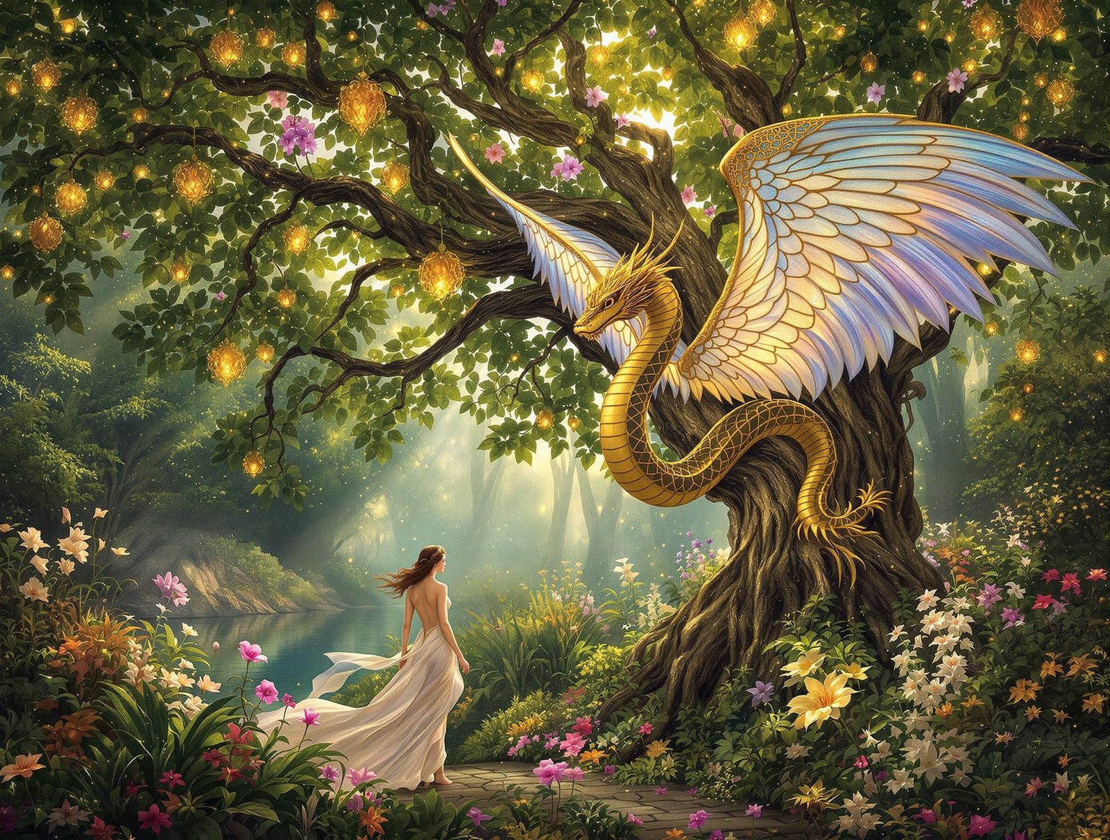 Serpent in Golden Paradise, a Dreamlike Art Nouveau Scene