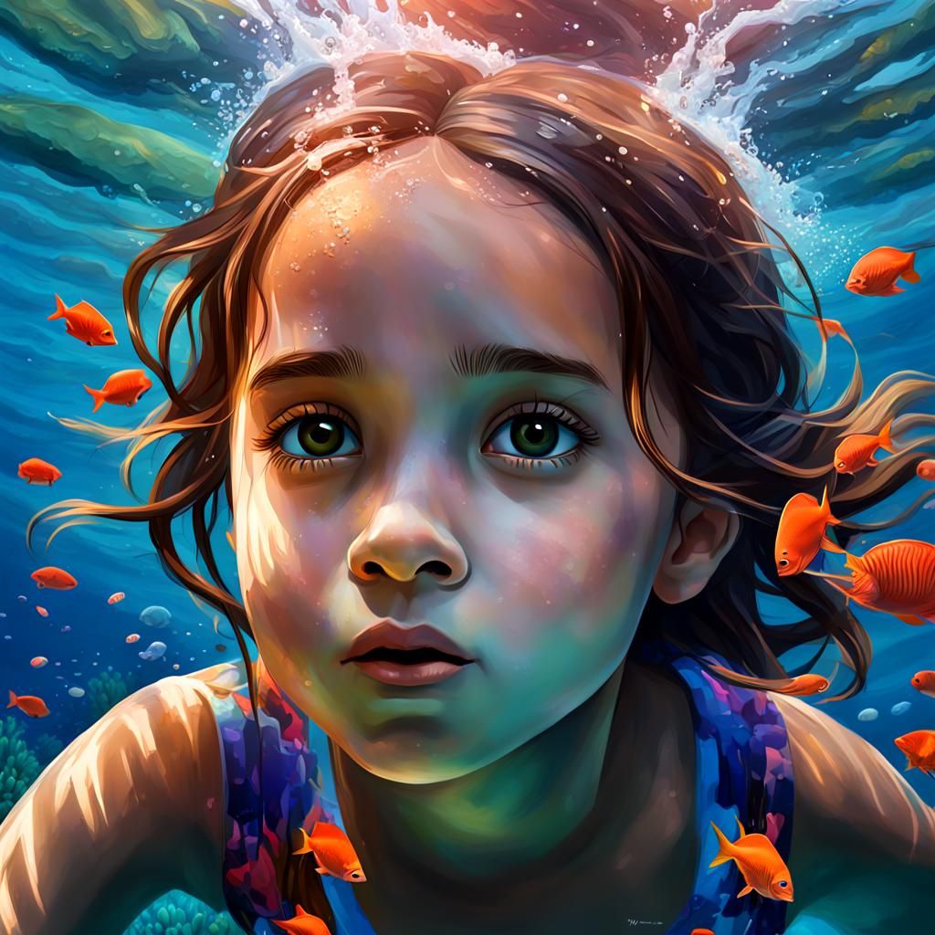 Girl Swimming in Coral Reef: Hyperrealistic Splash Art