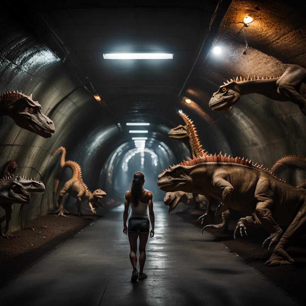 Luminescent Tunnel with Dinosaur Models and Bodybuilder