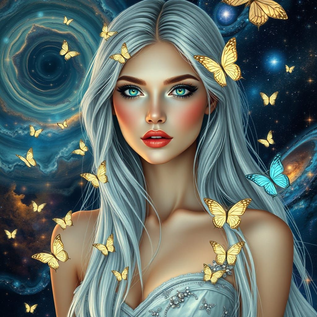 Glamorous Woman with Bioluminescent Butterflies in Art Nouve...