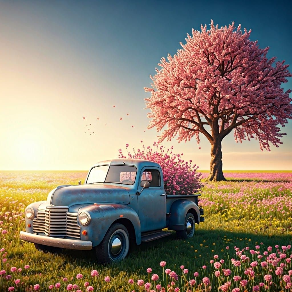 Vintage Blue Pickup Truck Amidst Vibrant Wildflowers