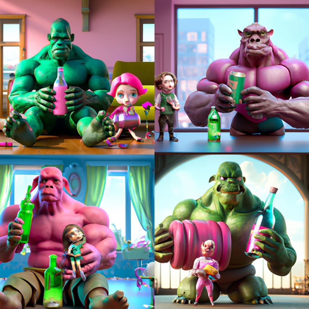 Epic Pink Hulk and Puppy, Digital Art