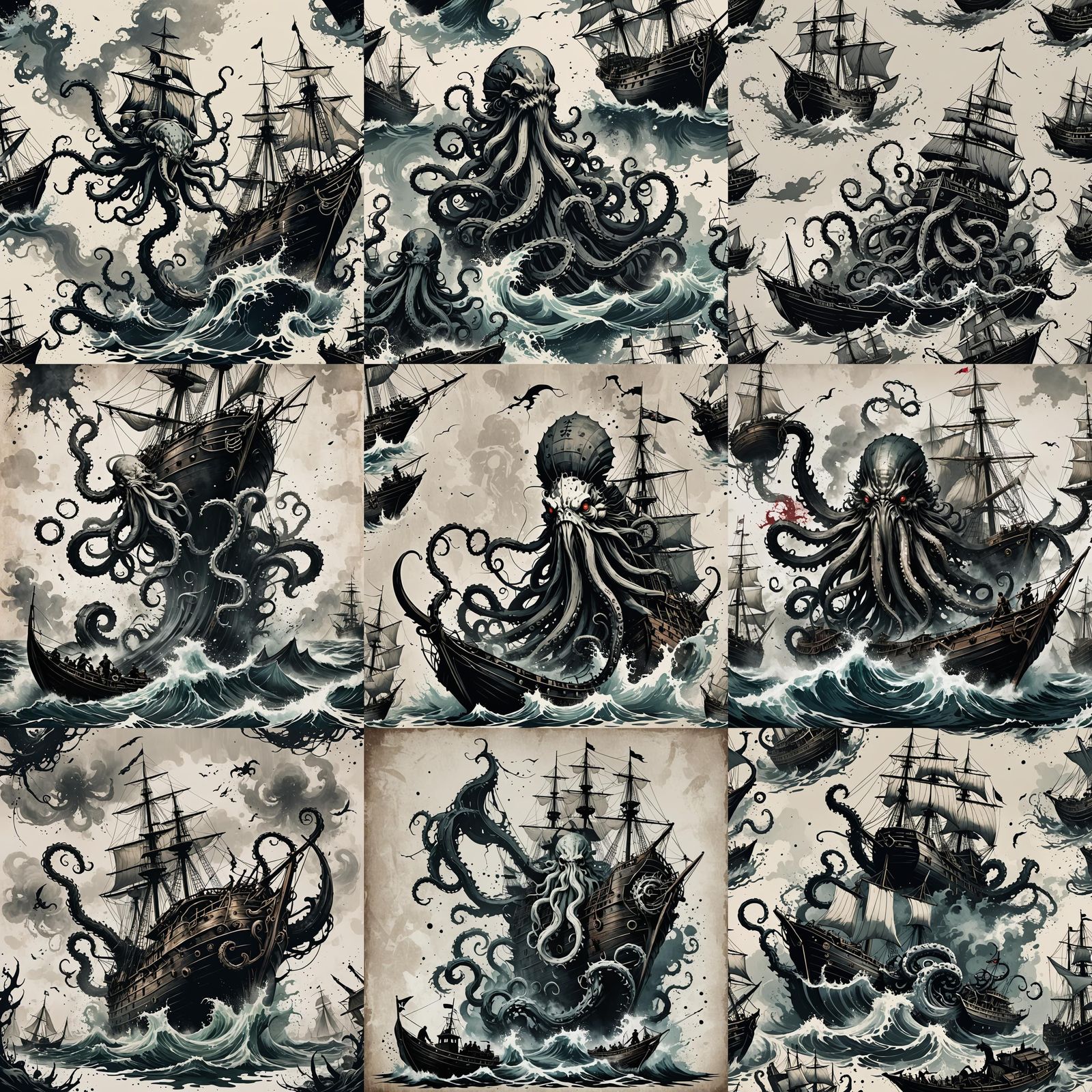Kraken Attack on Ship in Trash Polka Style
