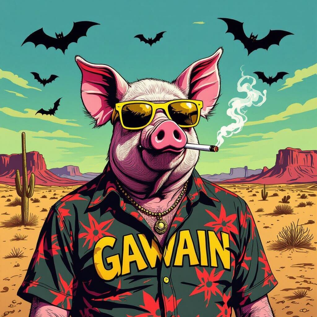 Hunter S Thompson Pig in Desert, Surreal Pop Art