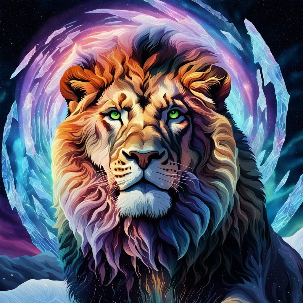 Cosmic Lion Emerges from Icy Vortex in Astral Projection
