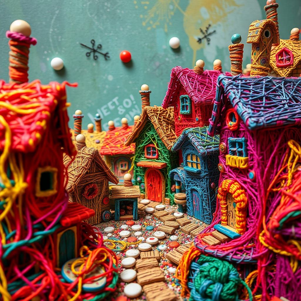 Whimsical String Village in Graffiti Art Style