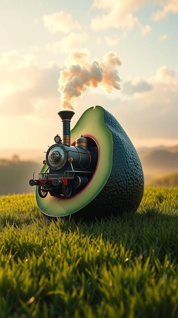 Majestic Steam Train Emerges from Avocado in Photorealistic....