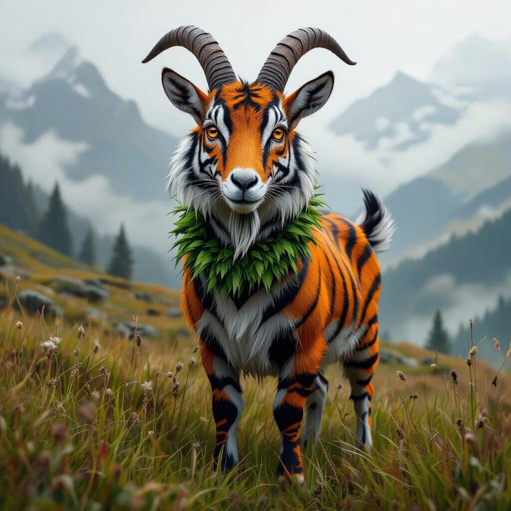 Majestic Tiger-Goat Hybrid in Misty Meadow