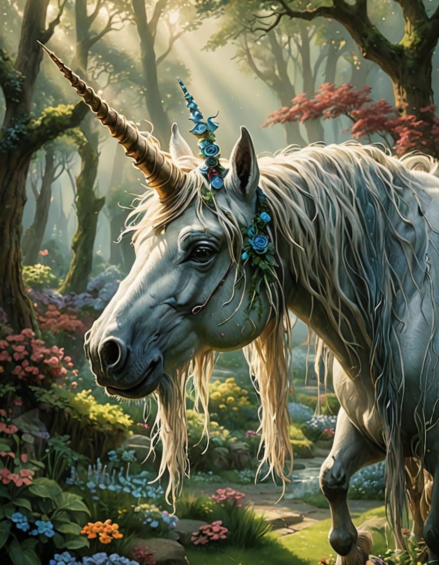 Realistic Unicorn with Triple Horns in Fantasy Style