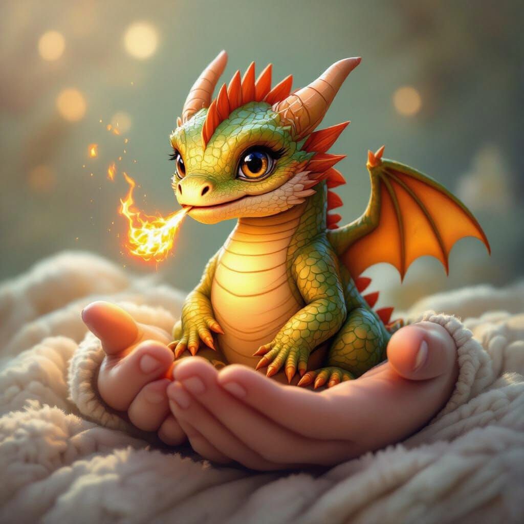 Whimsical Baby Dragon Spitting Tiny Flame