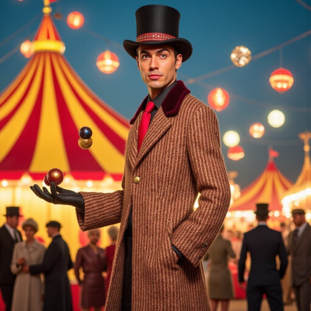 Whimsical Juggler in Woolen Coat with Brass Buttons, Under a...