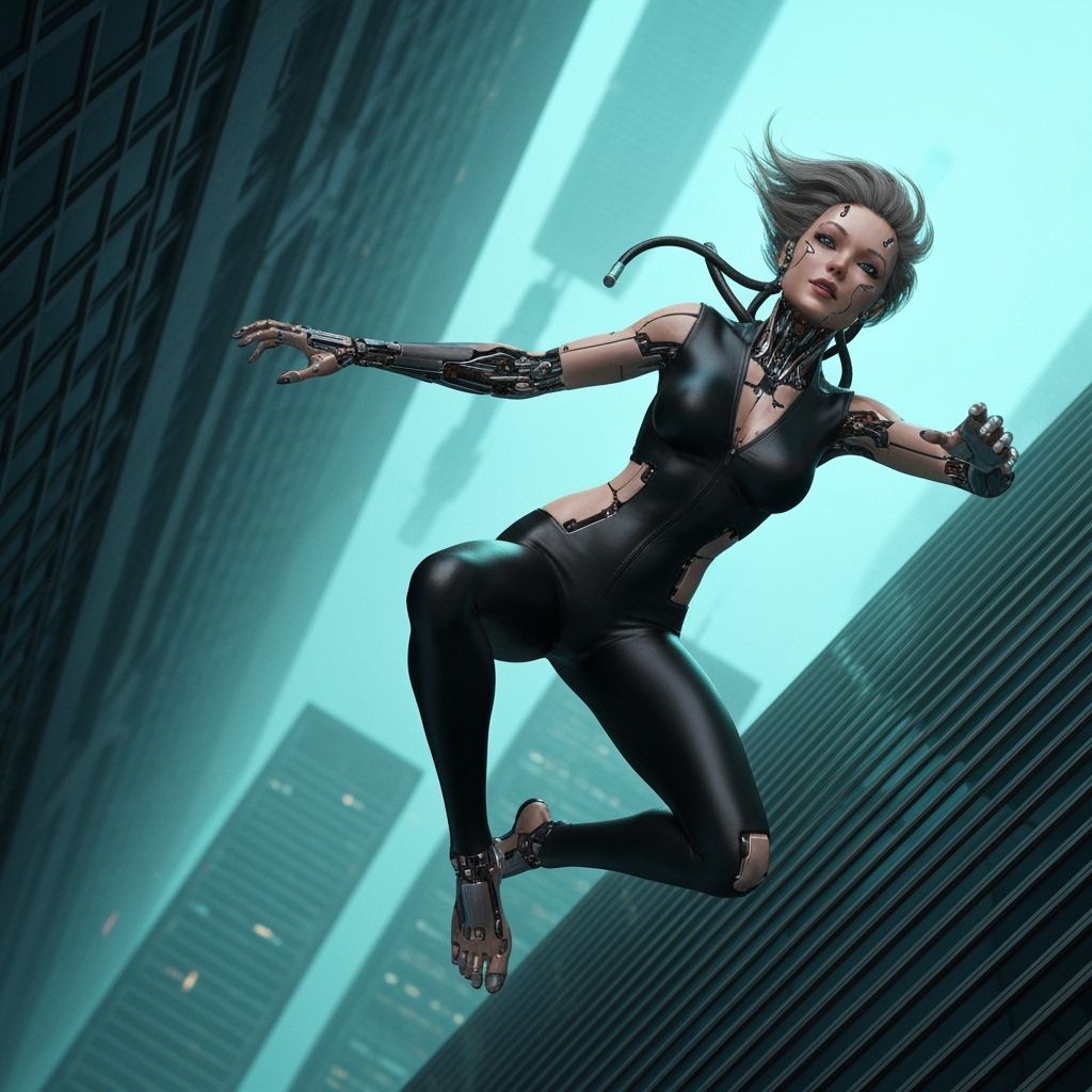 Female Cyborg Falling from Skyscraper in 3D Anime Style