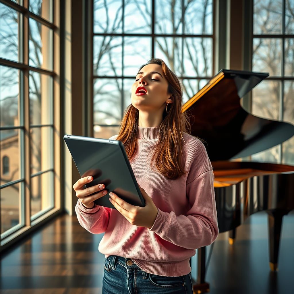 Young Female Singer Performs in Spacious Music Room with Nat...