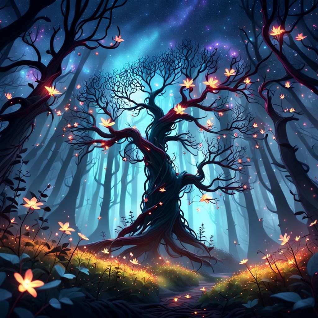 Illuminated Flower in Dark Fantasy Forest: Matte Painting