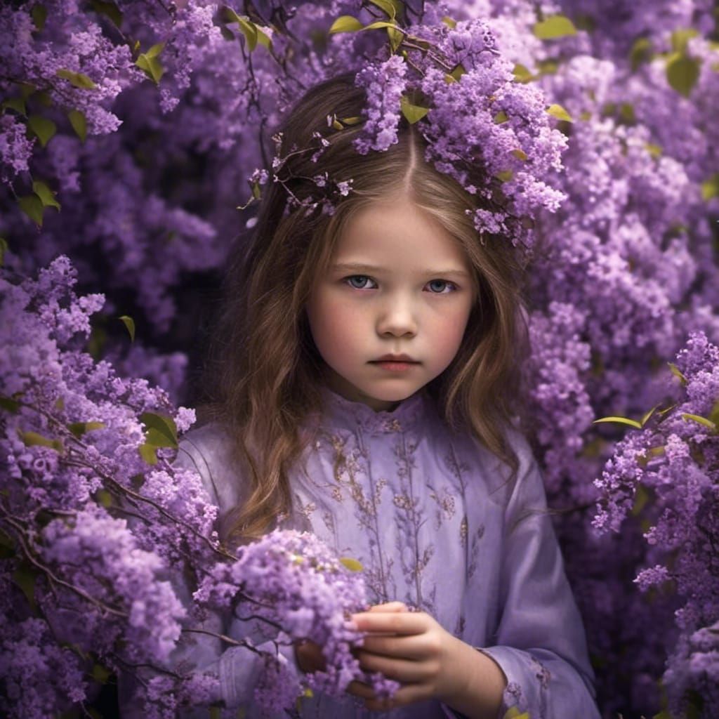 Girl Hiding in Lilac Bush, Ethereal Lighting