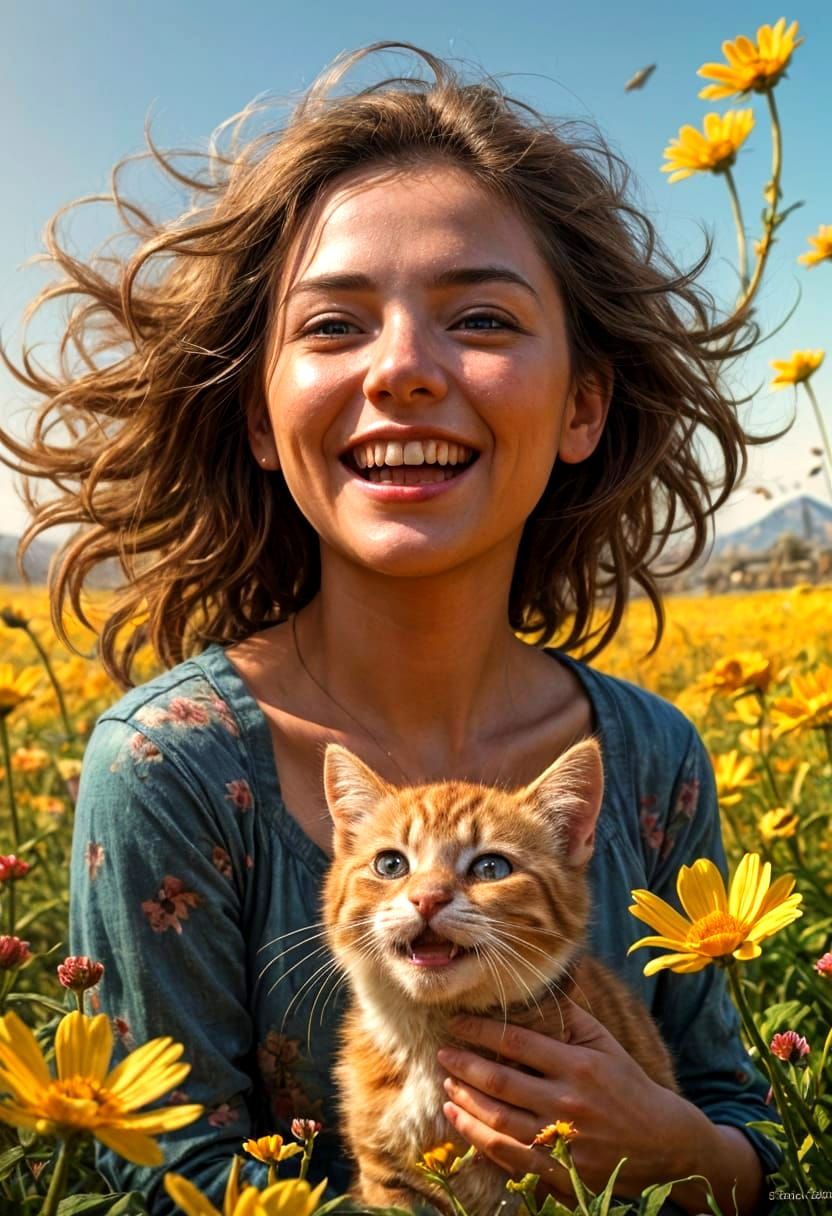 Whimsical Girl and Kitten in Sunlit Flower Field