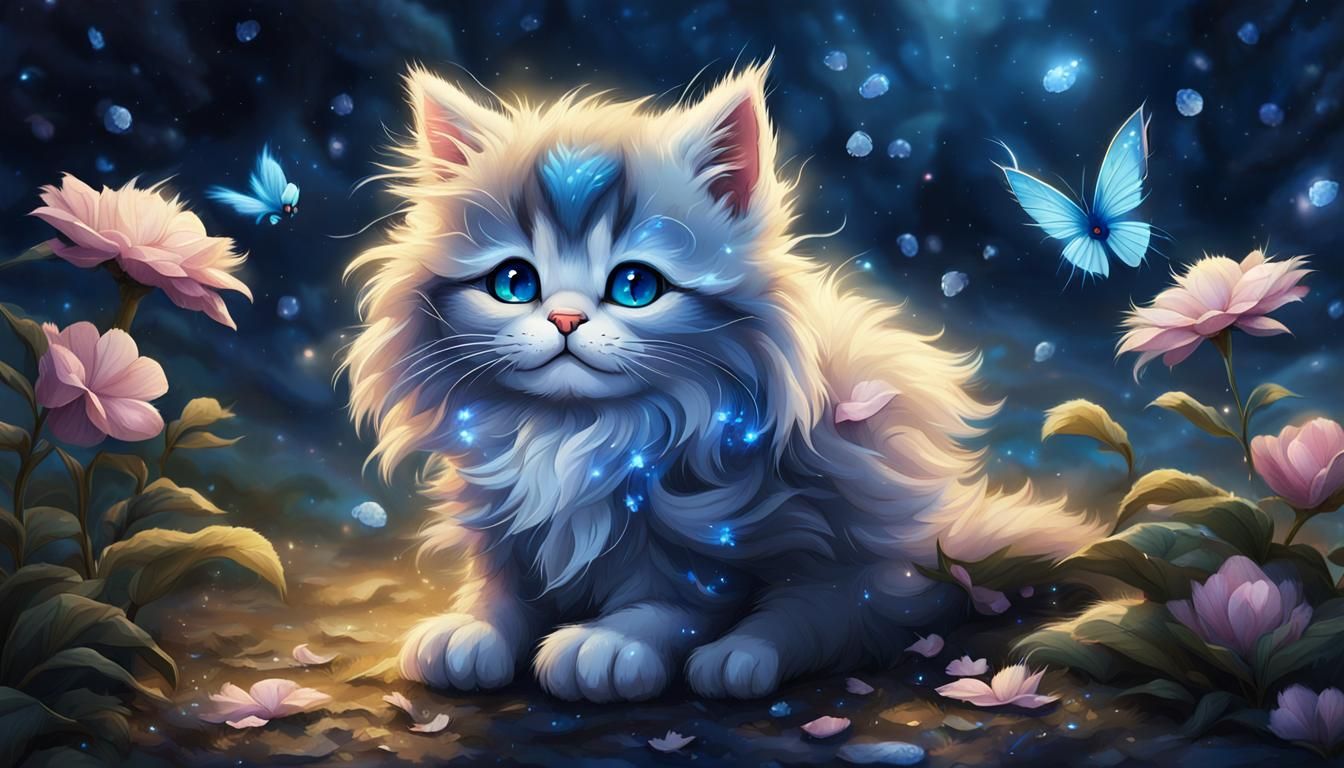 an adorable cute cat kitten

sitting on the ground, looking happy and with his eyes closed. The fur of the blue jay is d...