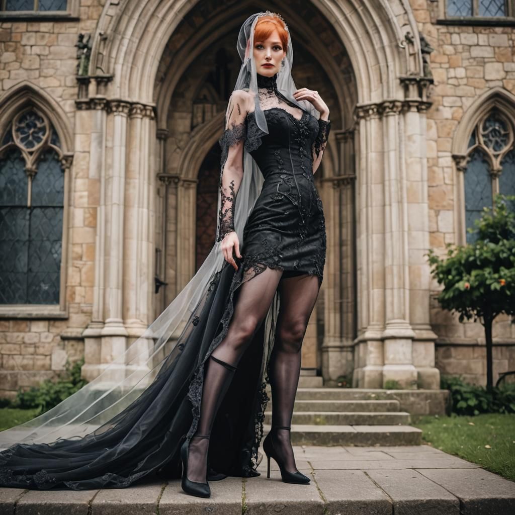 Gothic bride in black wedding dress.