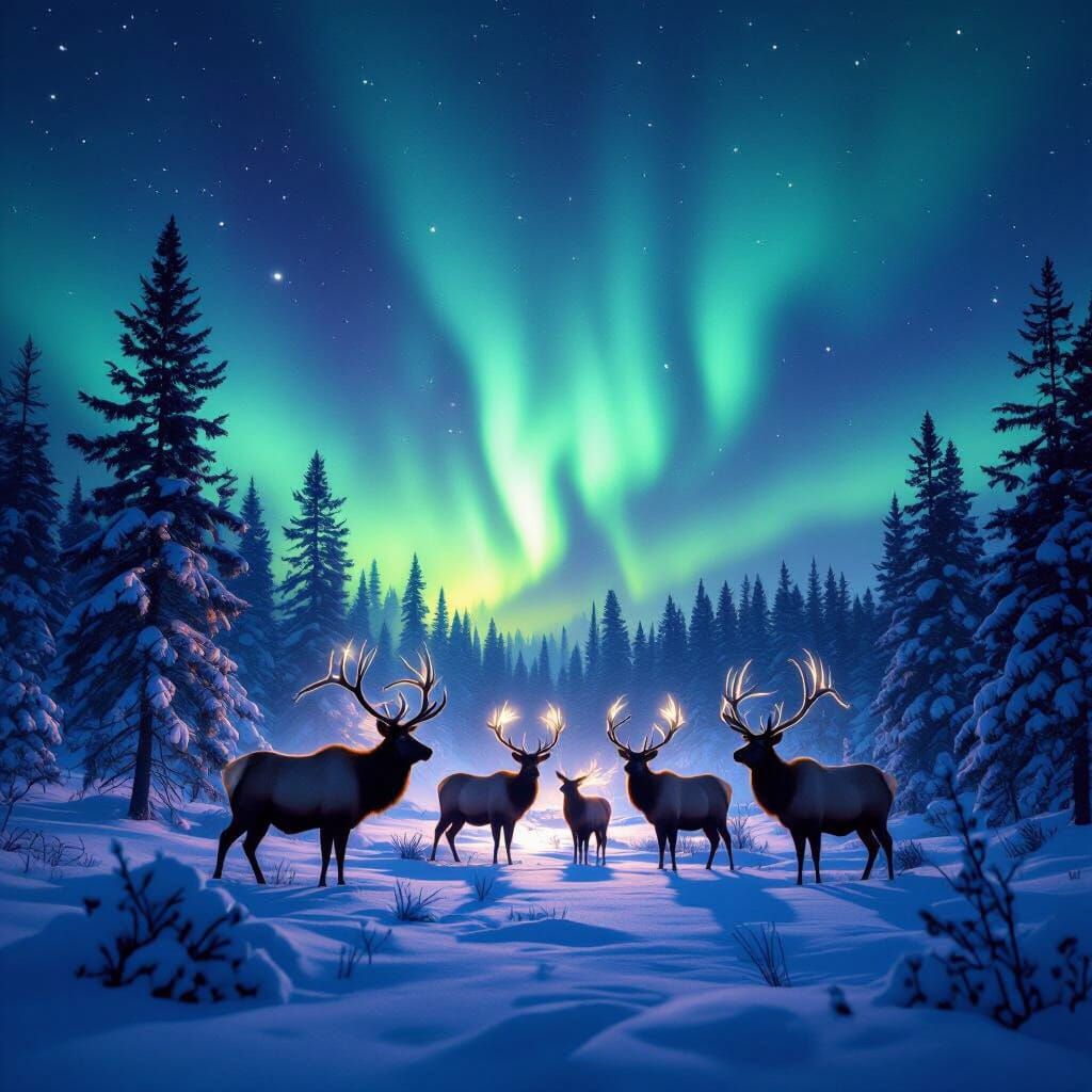 Majestic Elk Herd Under Northern Lights in Pine Forest