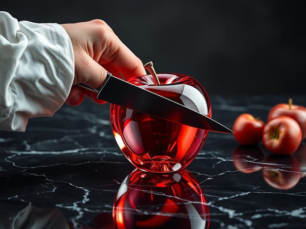 Slicing a Translucent Red Glass Apple in Hyperrealism