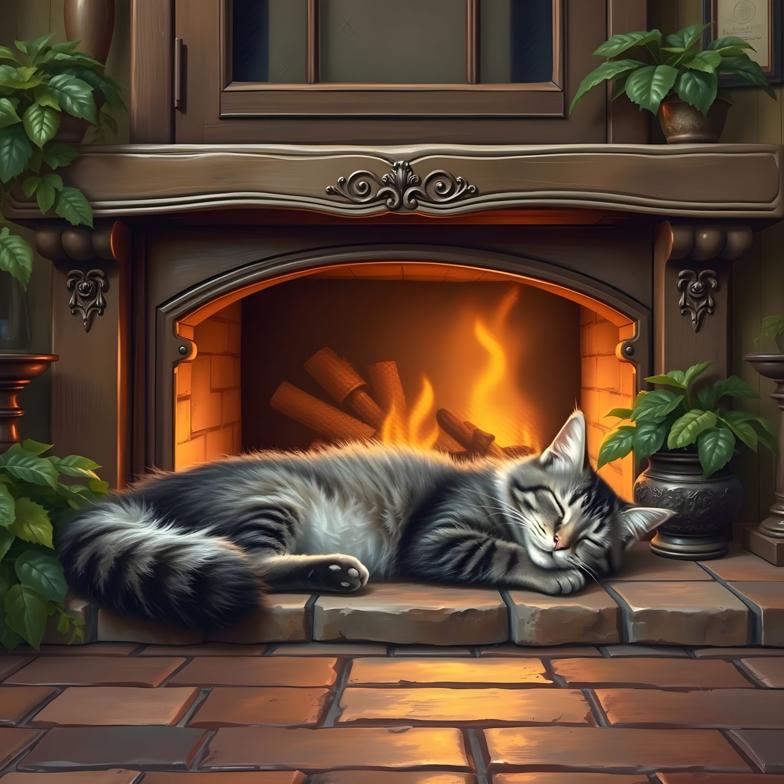 Cozy Blue and Grey Kitty Warms Up on Grand Provincial Hearth