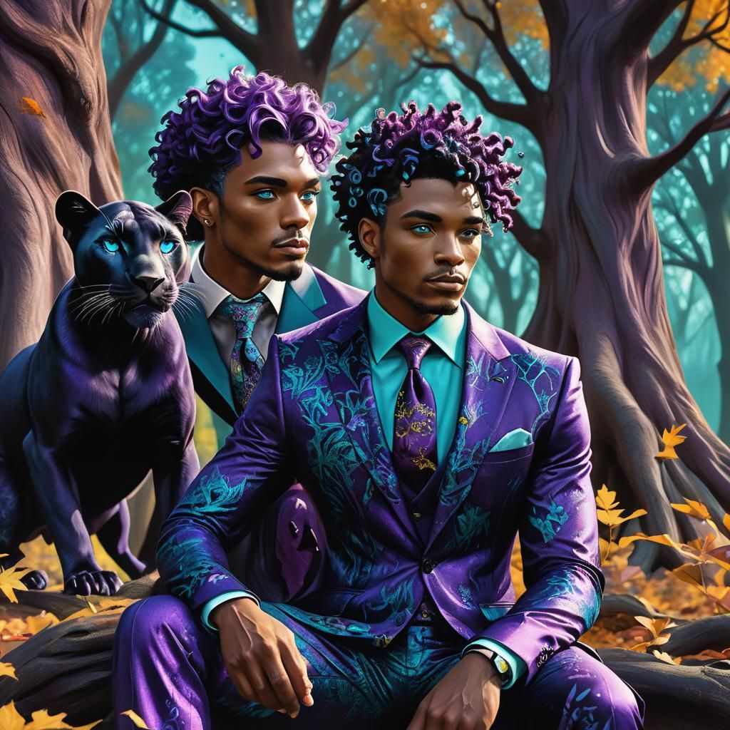 Purple Haired Man and Panther in Autumn Clearing