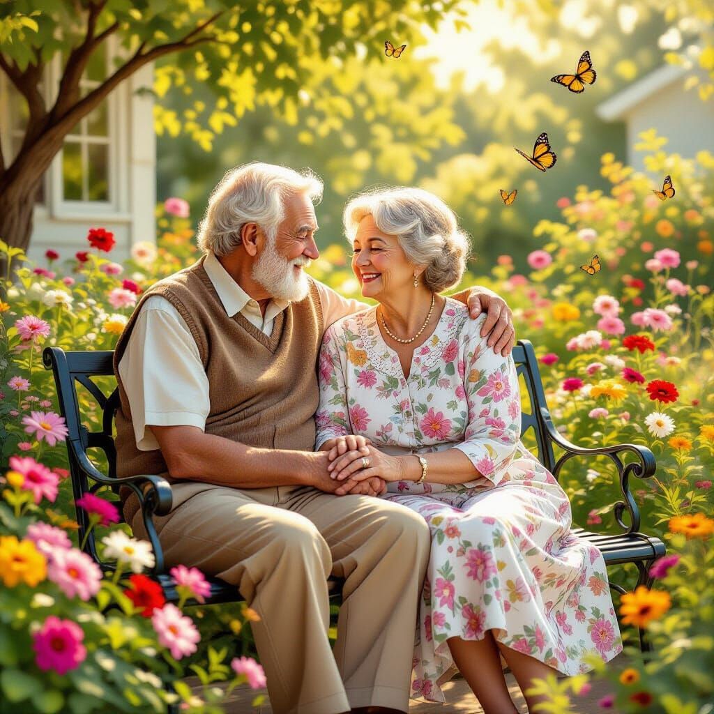 Elderly Couple Holding Hands in Sunny Backyard Garden