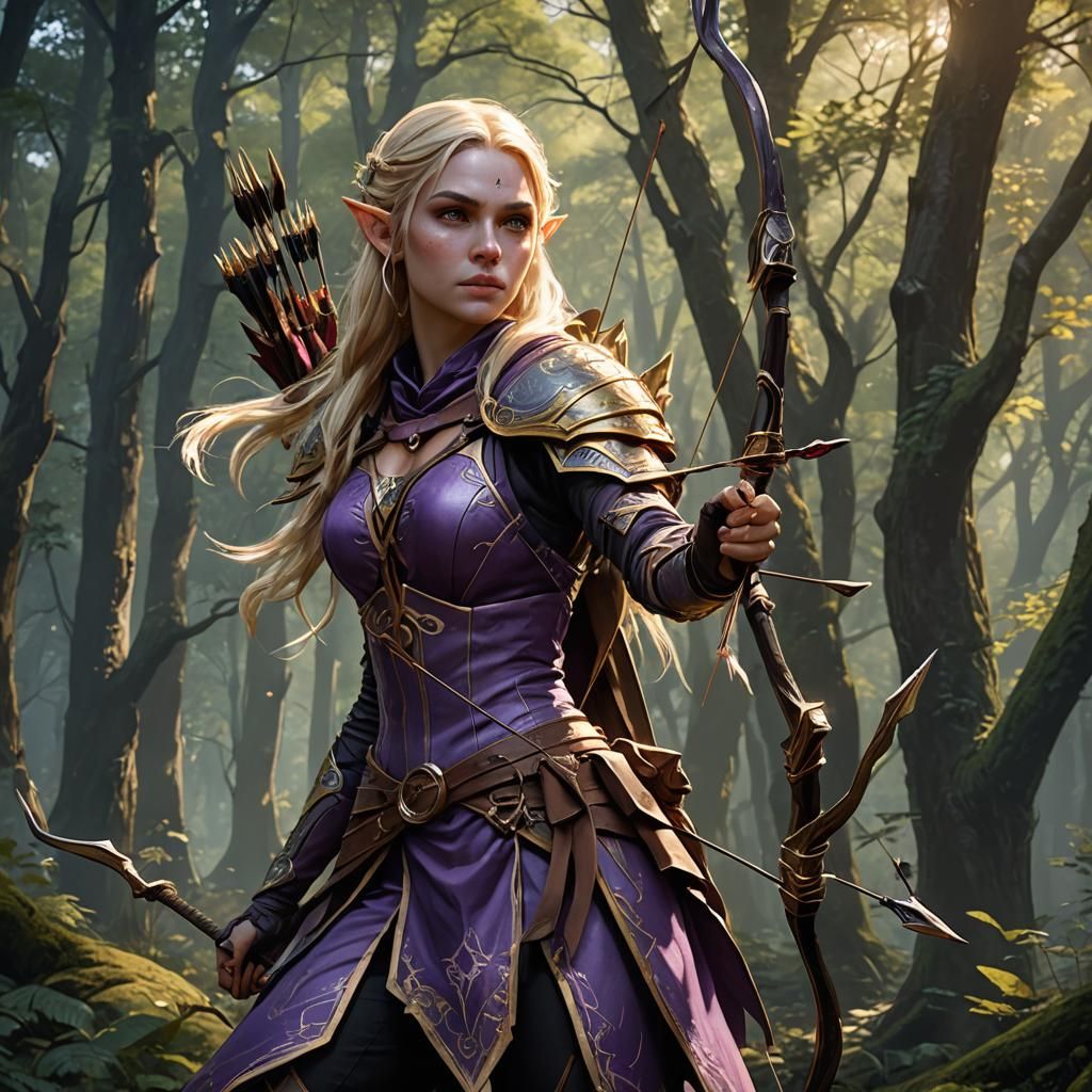 Blonde Elf Archer in Dark Fantasy Forest