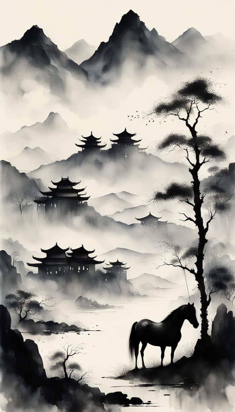 Minimalist Chinese Ink Painting of a Horse