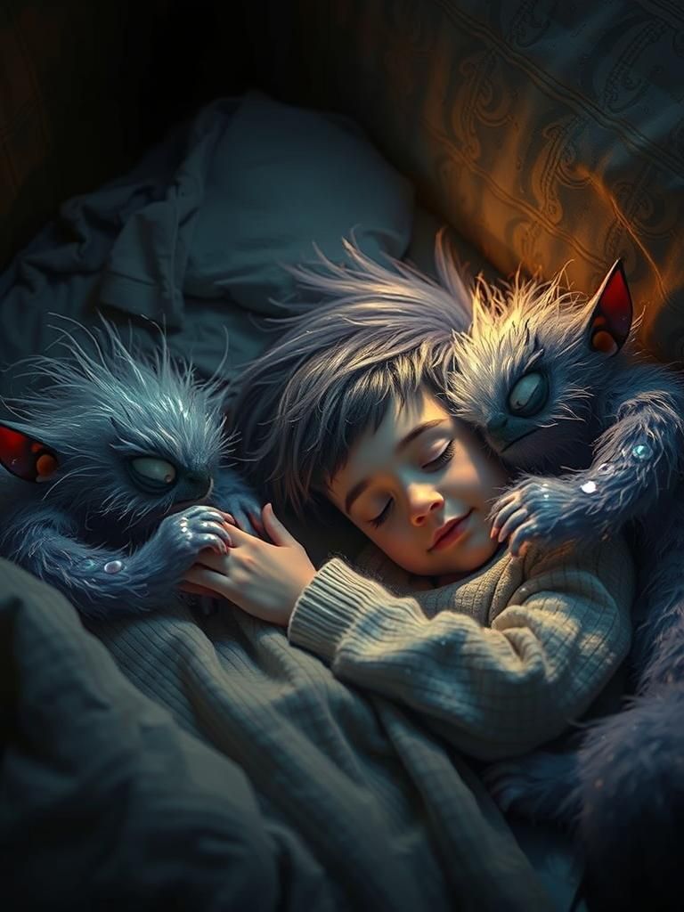Adorable Fluffy Monsters Cradling Boy in Bed