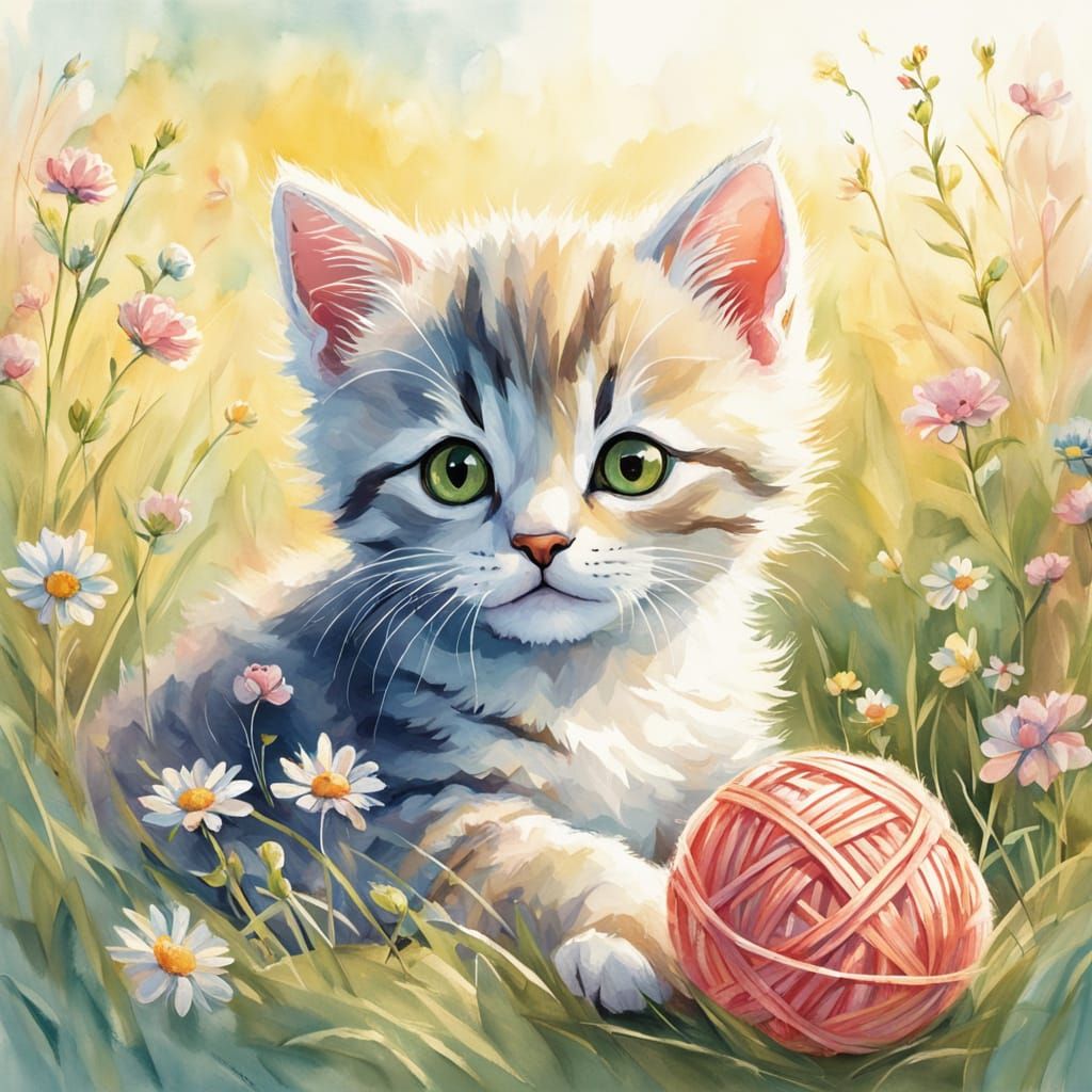 Whimsical Watercolor Kitten in Sunny Meadow
