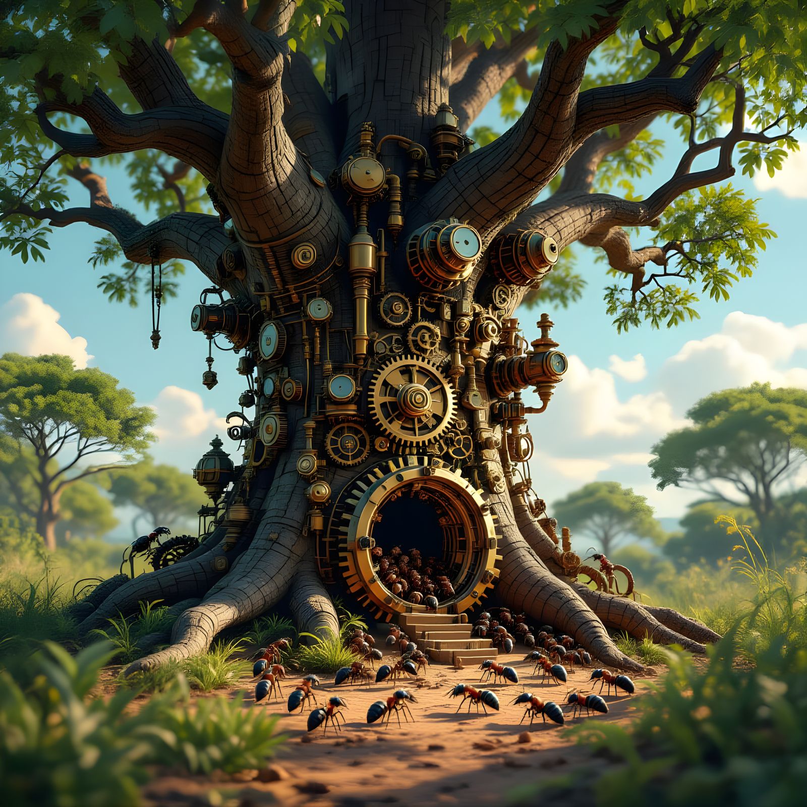 Steampunk Ant Colony in Baobab Tree, Hyperrealistic 3D Rende...